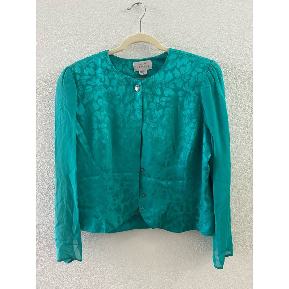 Adrianna Papell Silk Button Down Jacket Size 12 Teal